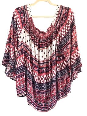 🌻 Lane Bryant Red, Navy & White Boho Printed Peasant Blouse